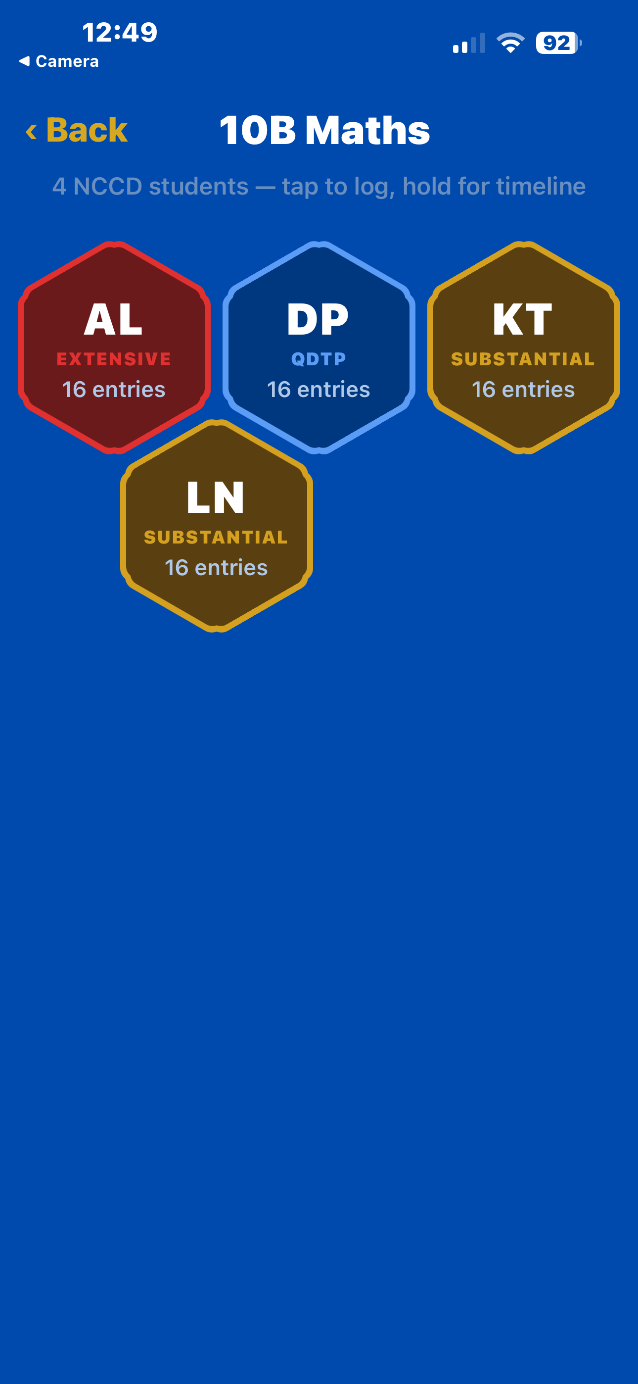 Class view with colour-coded hexagonal student tiles