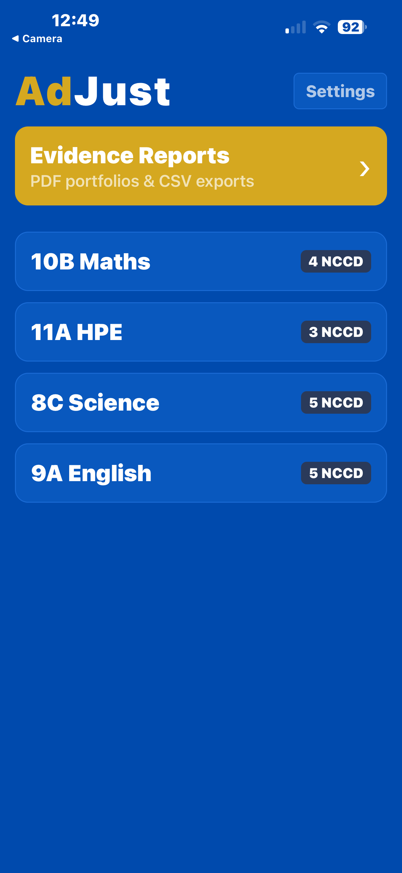 AdJust dashboard showing classes with NCCD student counts