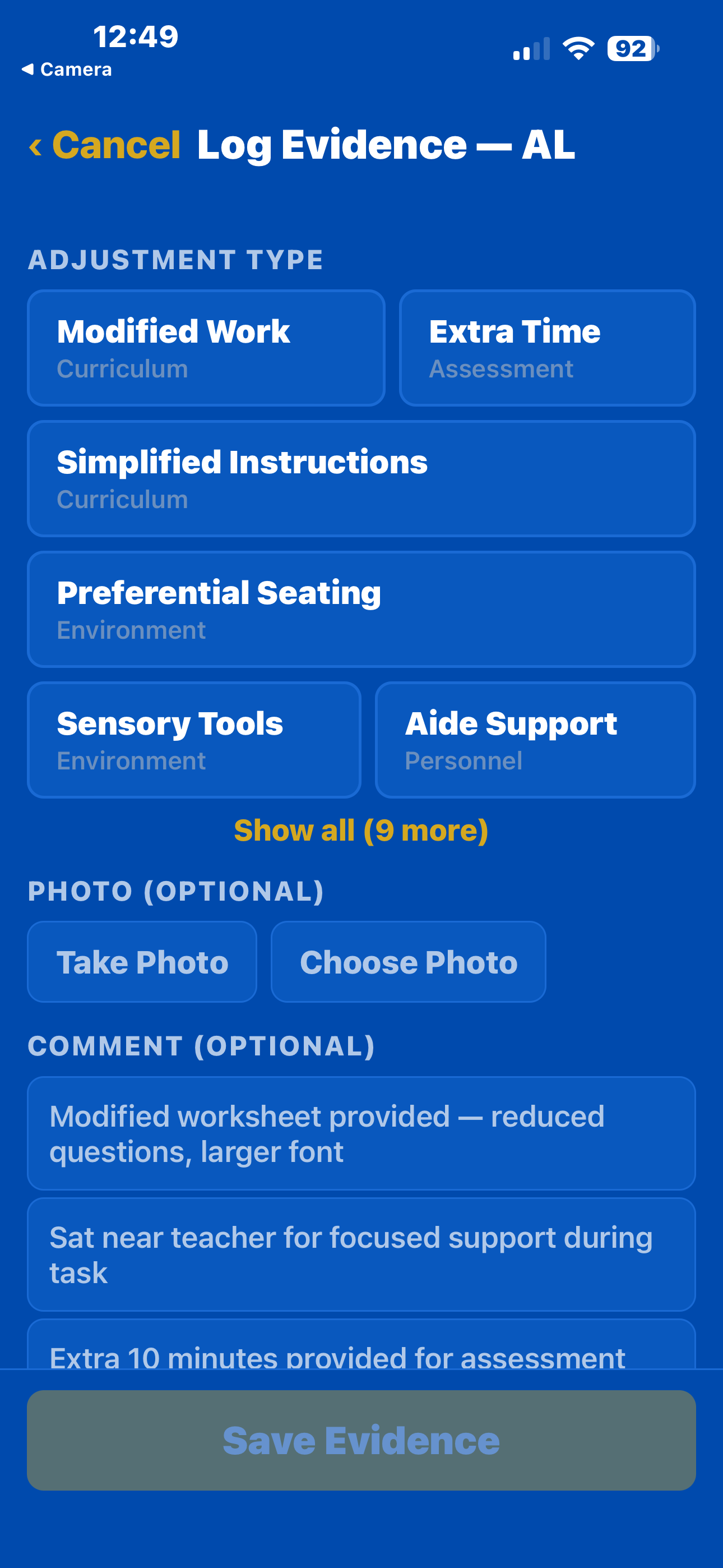 Log evidence screen with adjustment types and comments