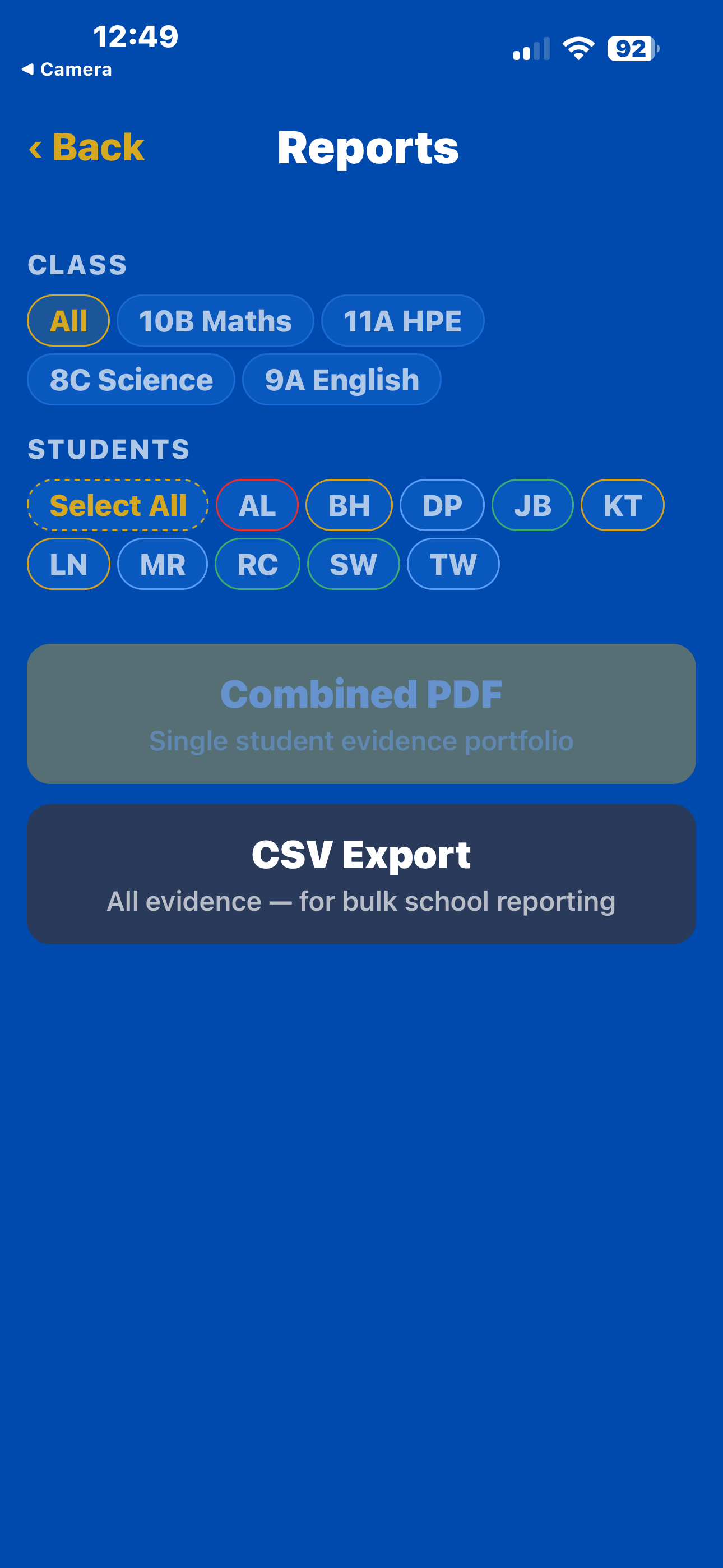 Reports screen with class and student filtering