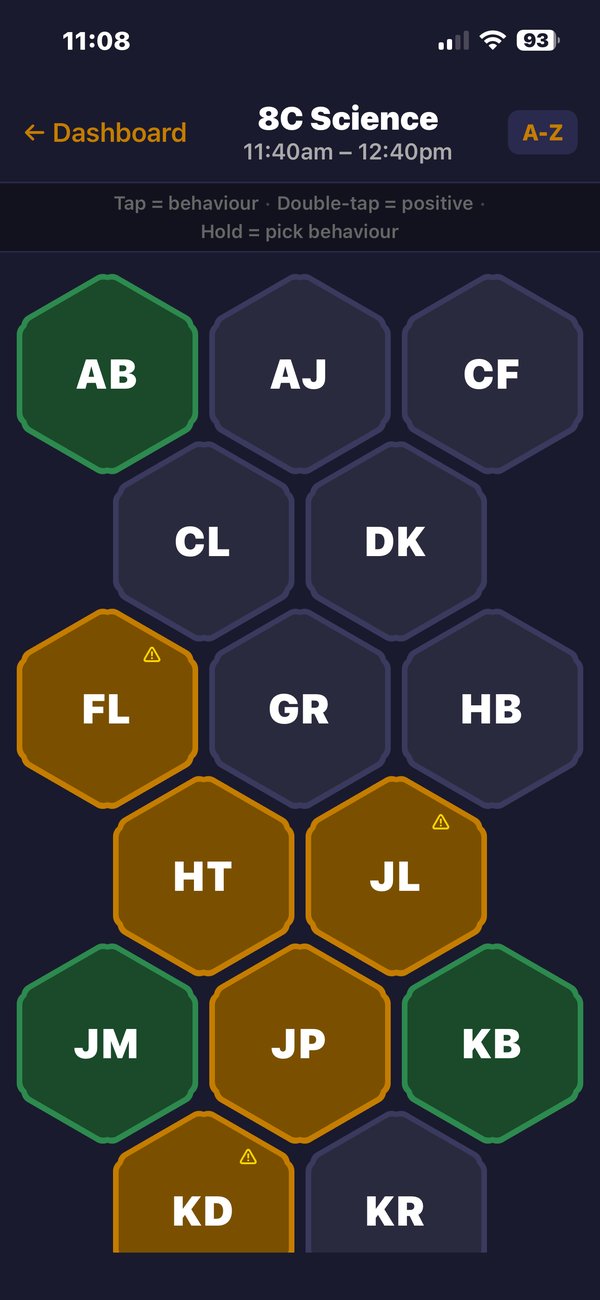 Class view sorted A–Z with hexagonal student tiles