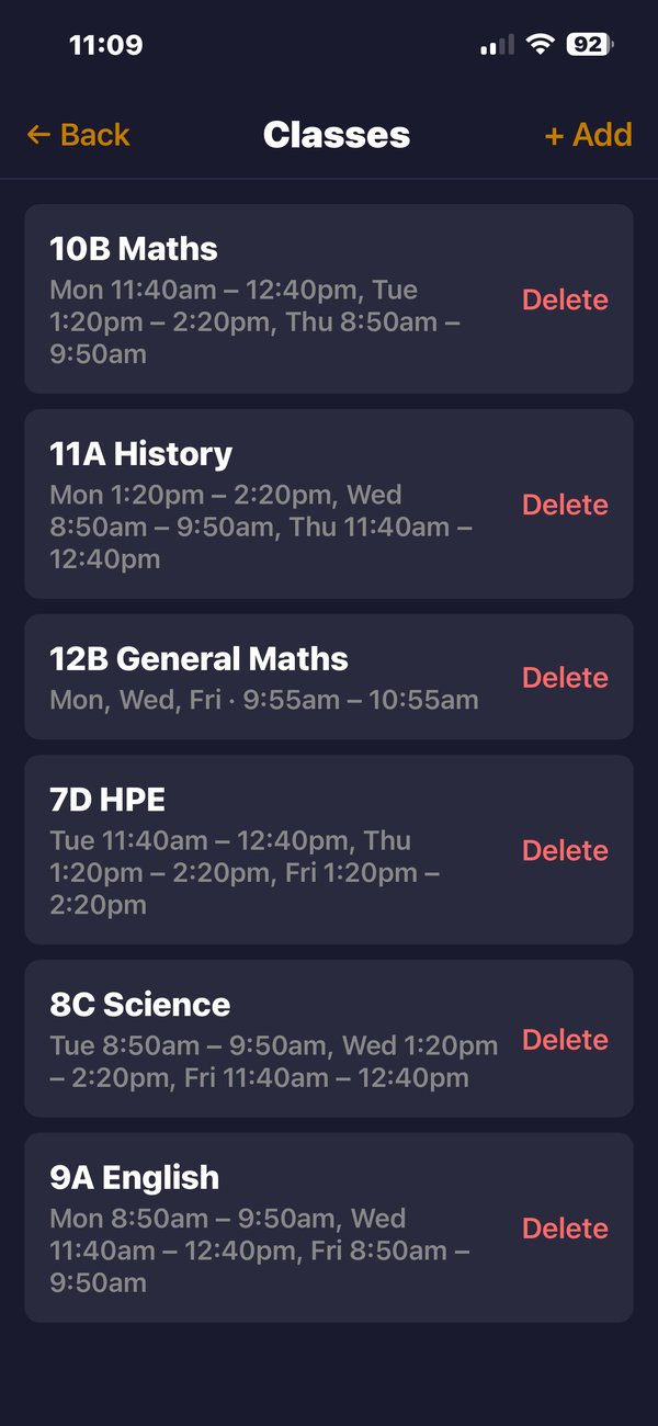 Classes list showing setup for each class