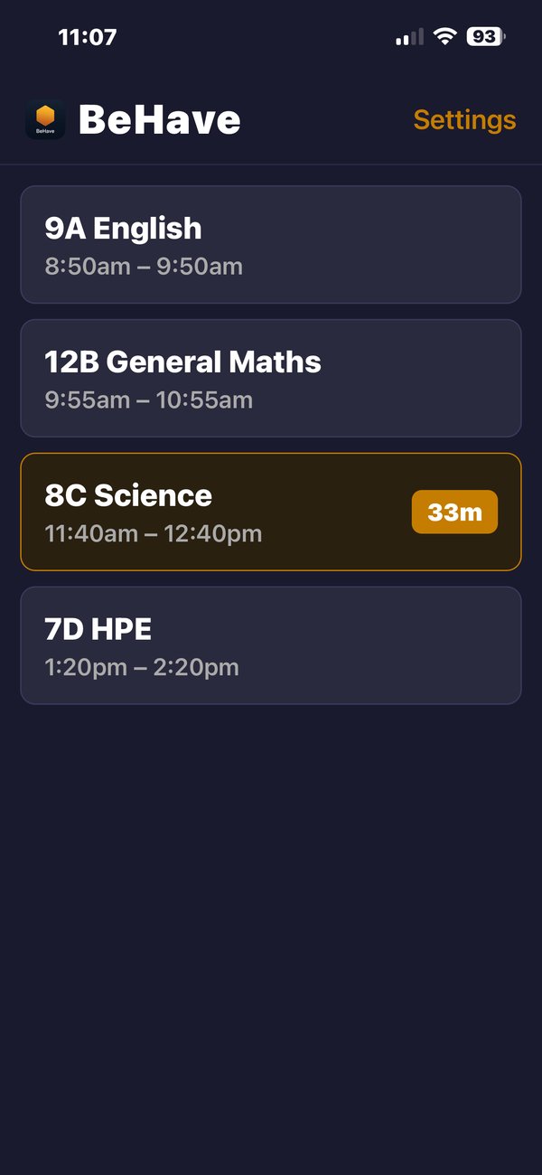 BeHave dashboard showing today's classes and quick stats