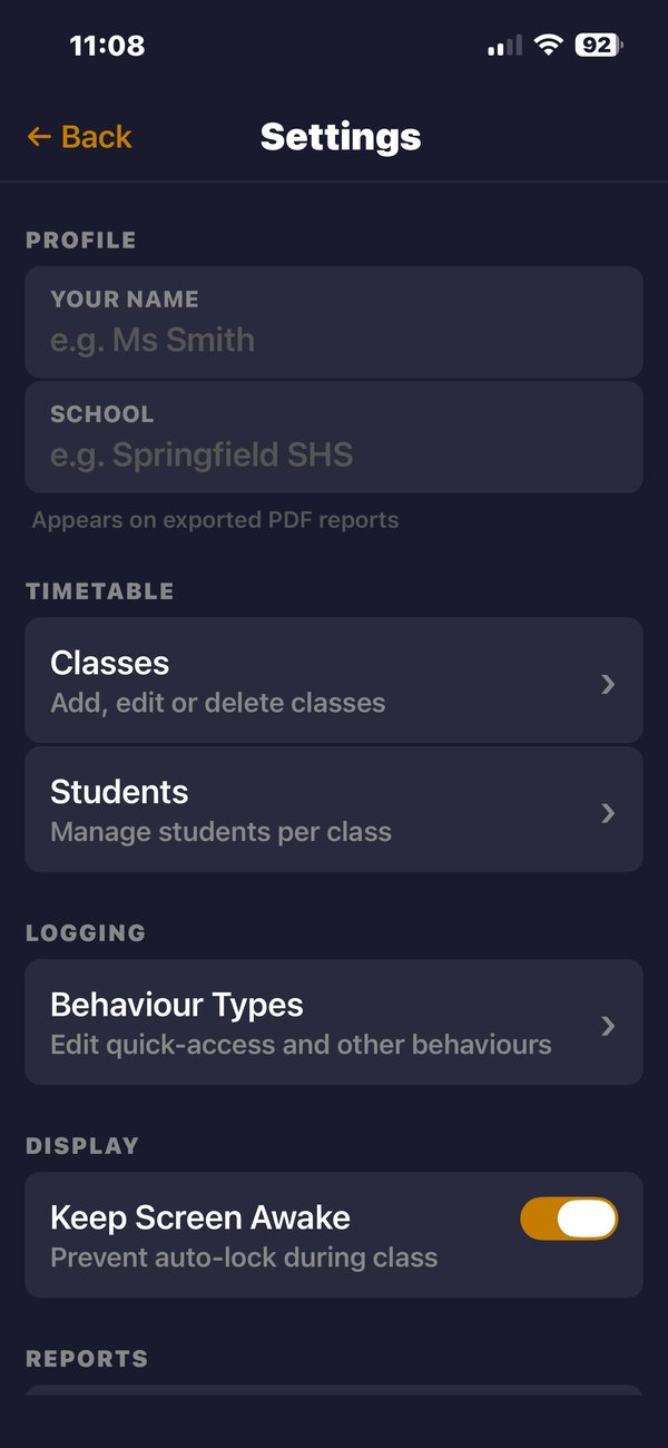 Settings screen showing customisation options