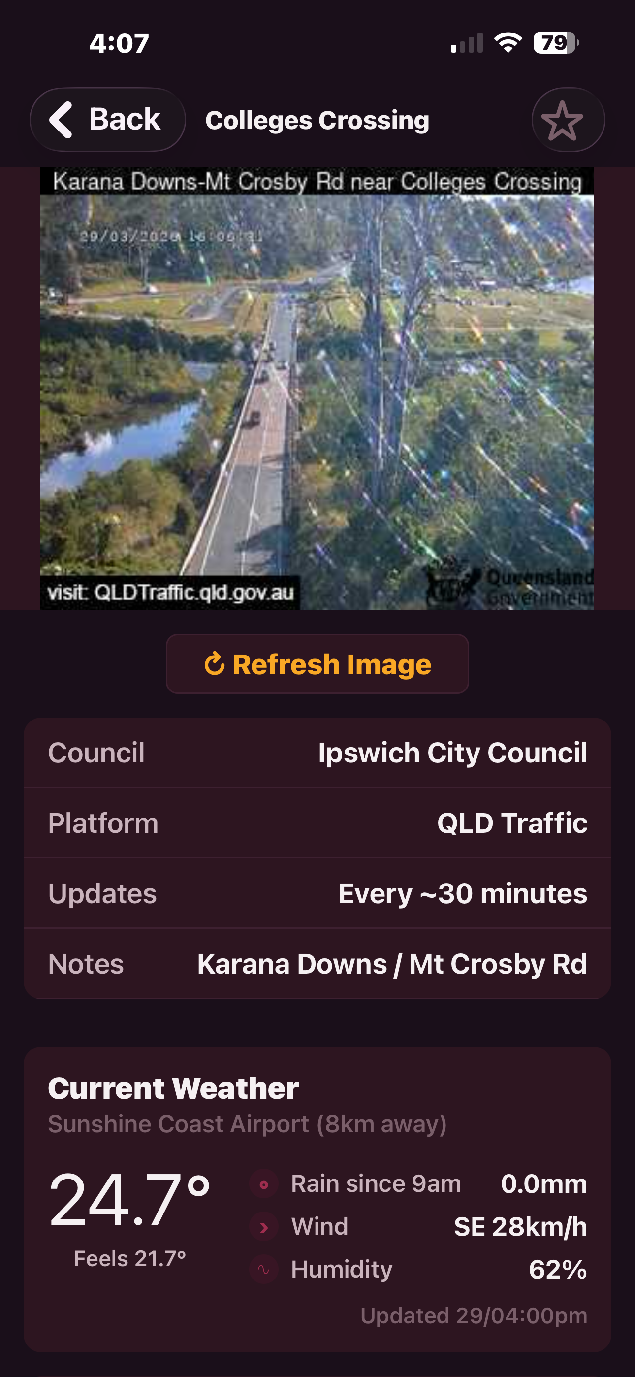 Camera detail with live image, council info, and BOM weather