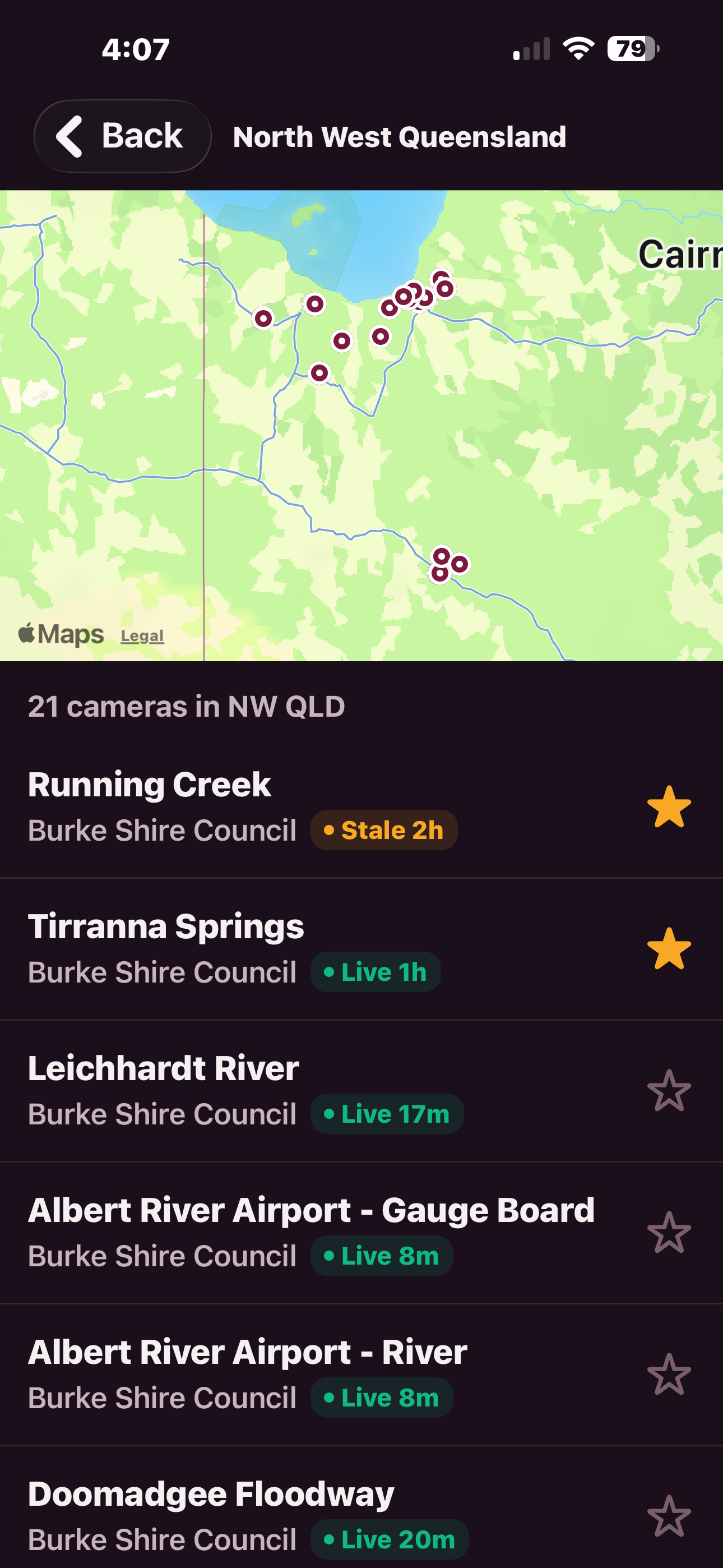 North West QLD cameras with map and live status indicators