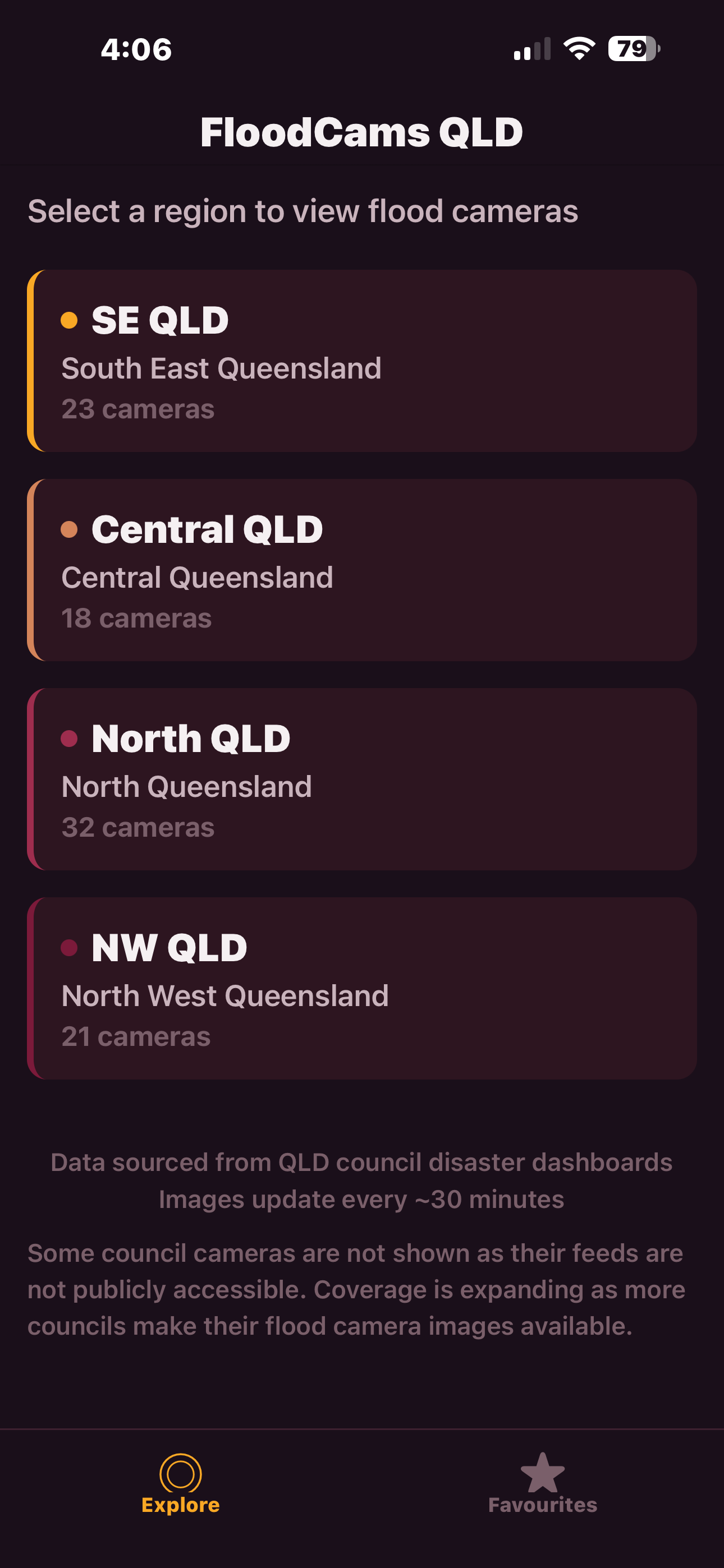 FloodCamsQLD showing 4 regions with 90+ cameras across Queensland