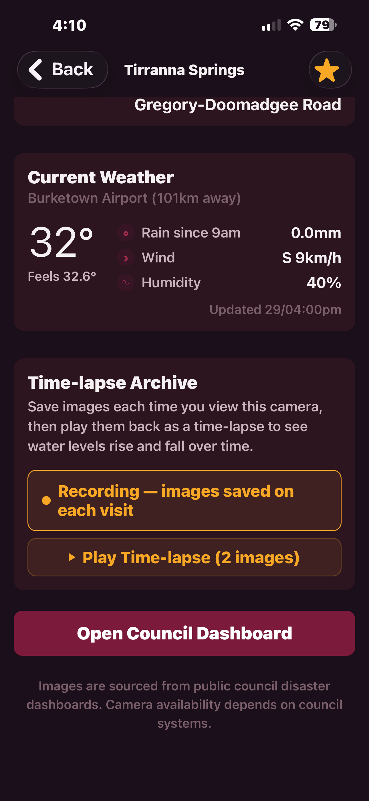Weather data and time-lapse archive for a camera