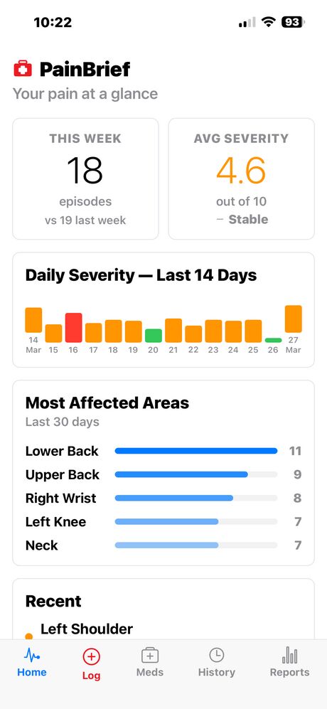 PainBrief dashboard showing pain episodes, severity trends, and most affected areas