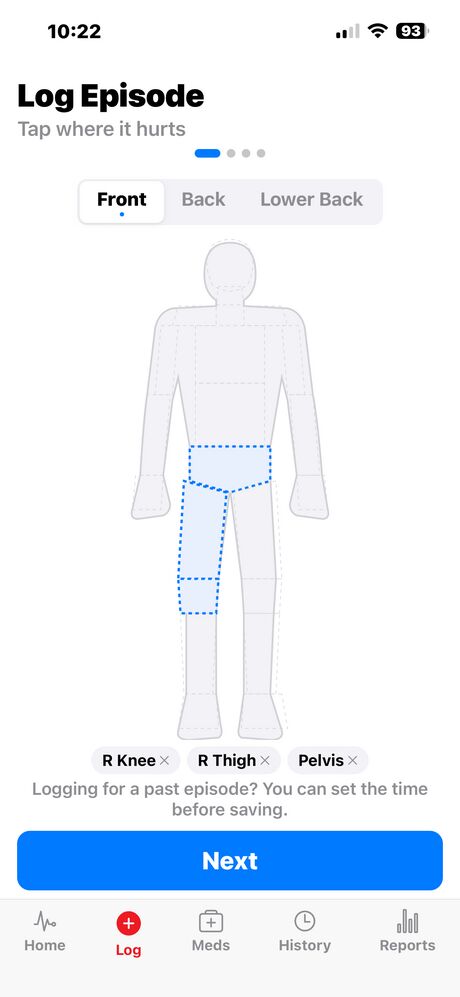 Interactive body map for logging pain locations