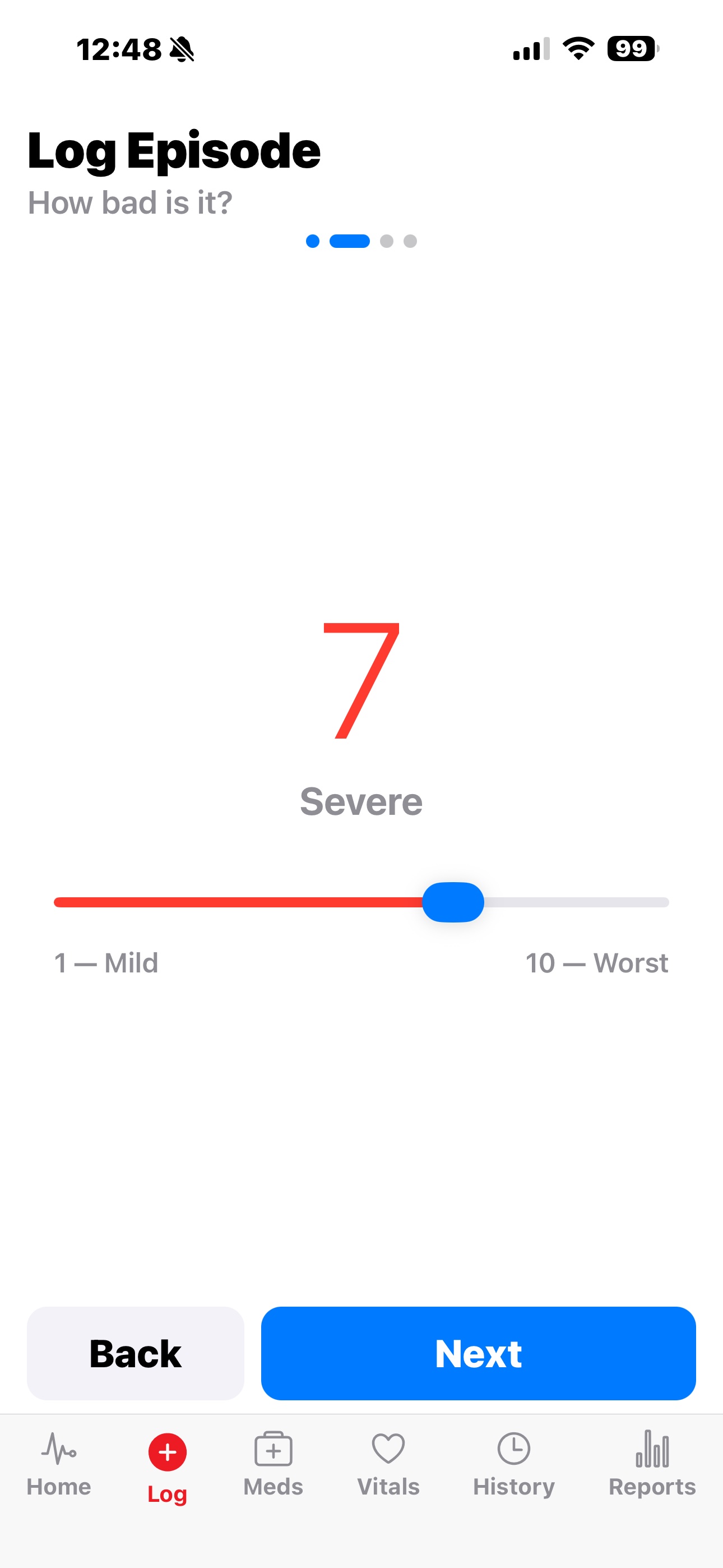 Severity slider showing 7 out of 10, labelled Severe