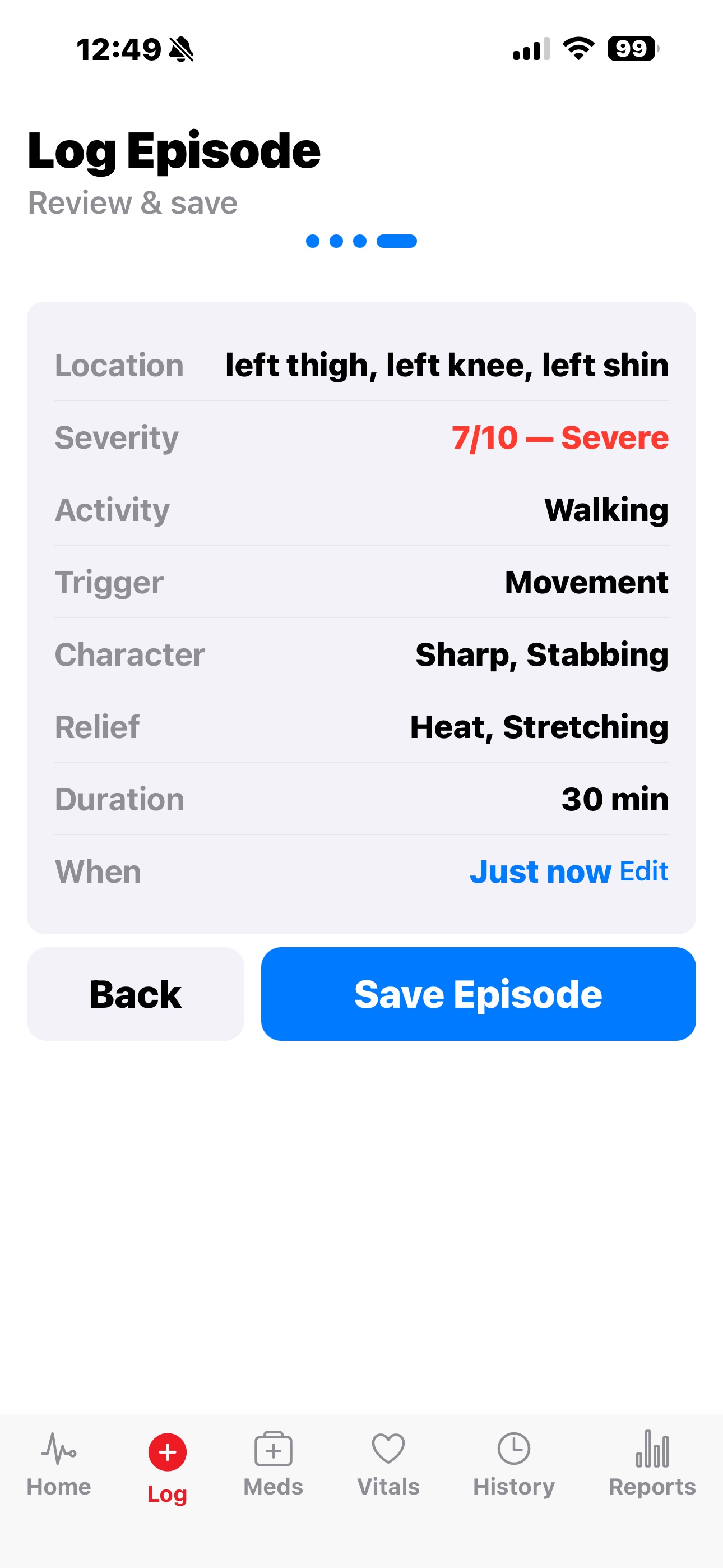 Review and save screen summarising the episode before logging