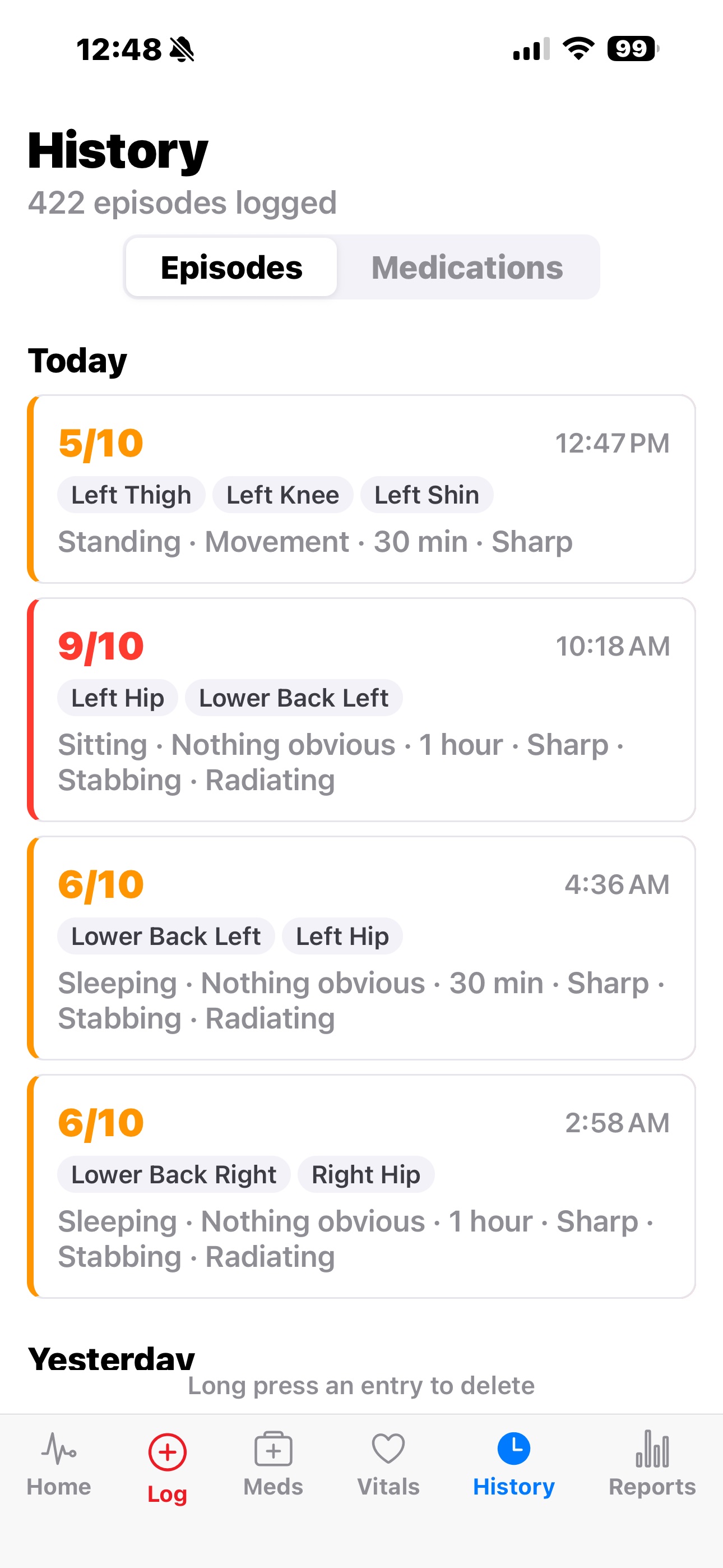 History tab listing logged pain episodes with severity, location, activity, and time