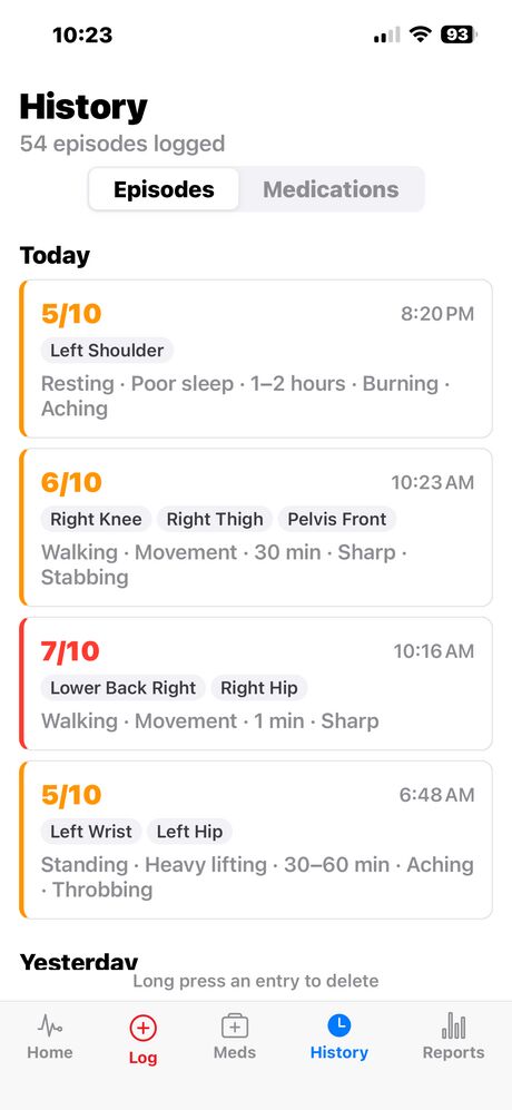 Episode history showing pain patterns over time