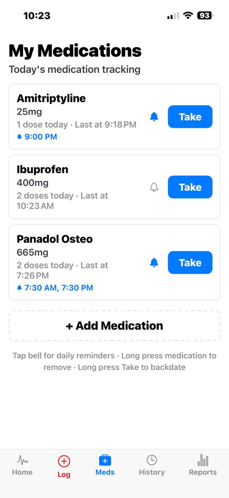 Medication tracking with dose logging and reminders