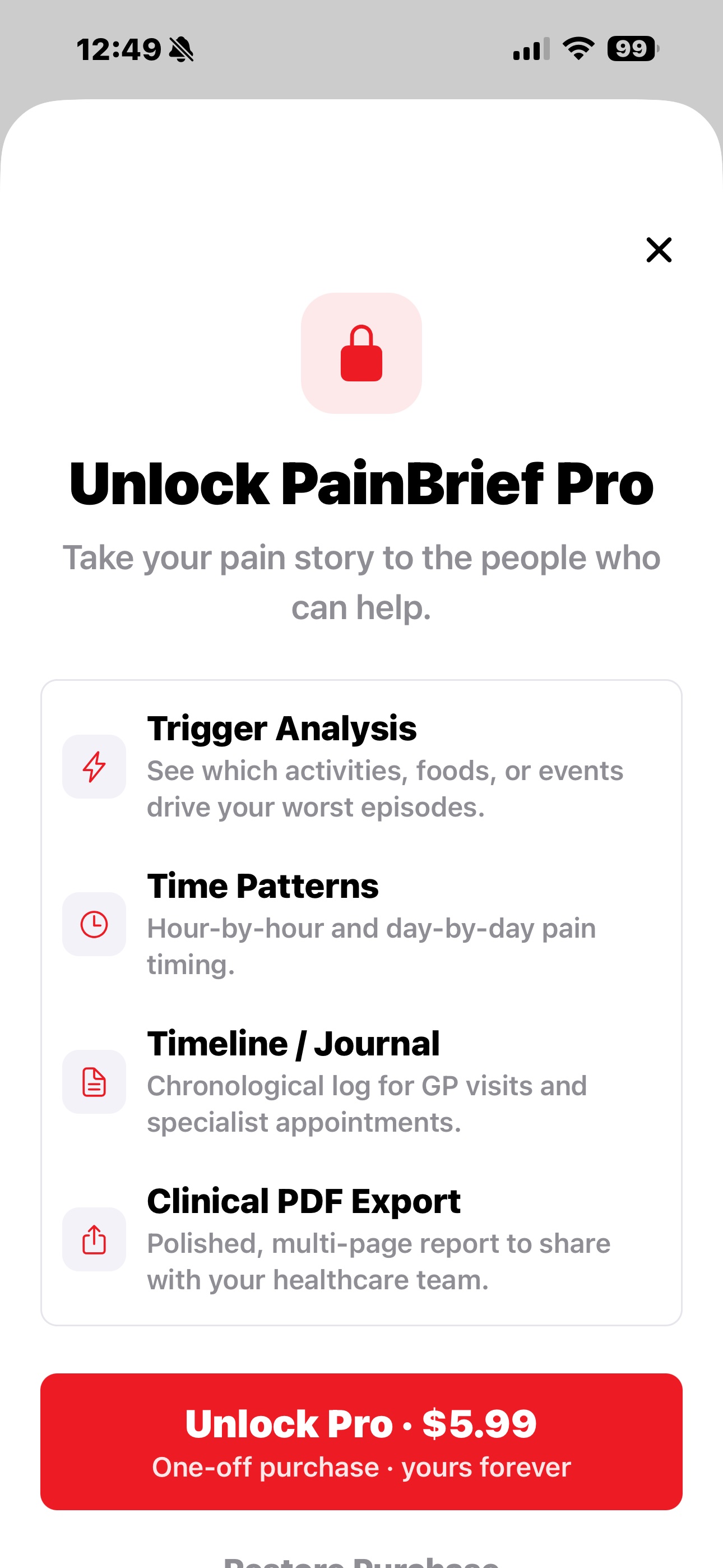 PainBrief Pro paywall: trigger analysis, time patterns, timeline, clinical PDF export