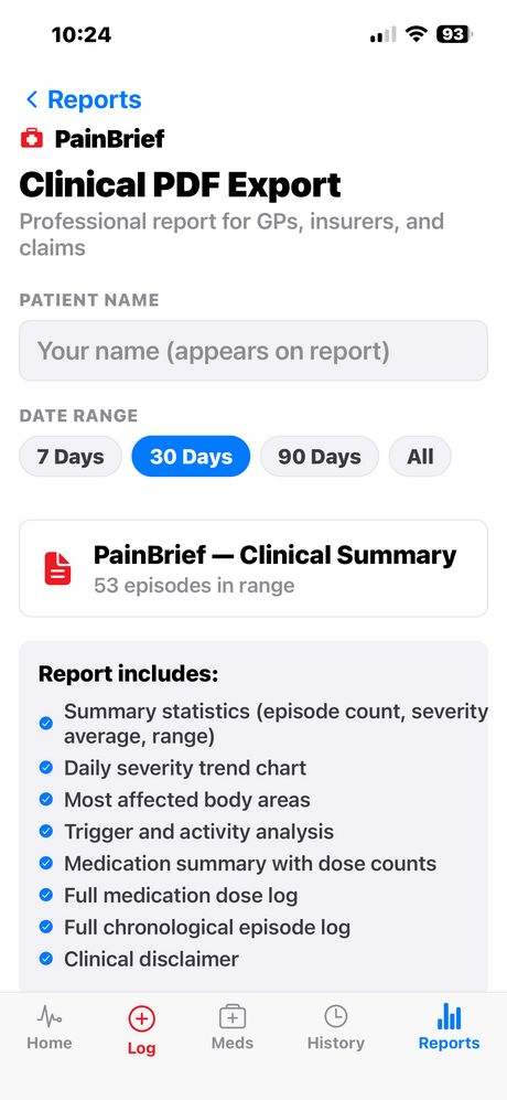 Clinical PDF export with summary statistics and charts
