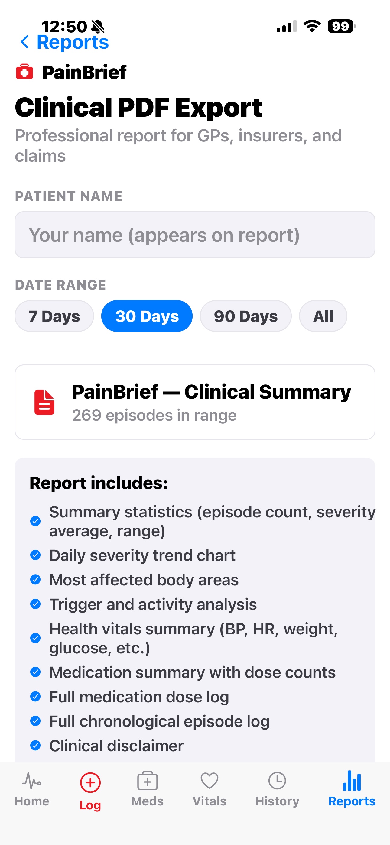 Clinical PDF export screen with patient name, date range, and what the report includes