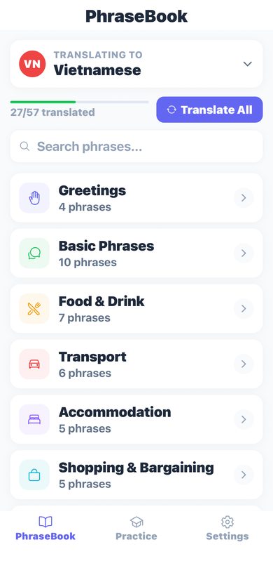 PhraseBook home screen showing phrase categories