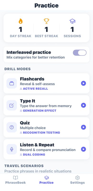 Practice mode showing drill types