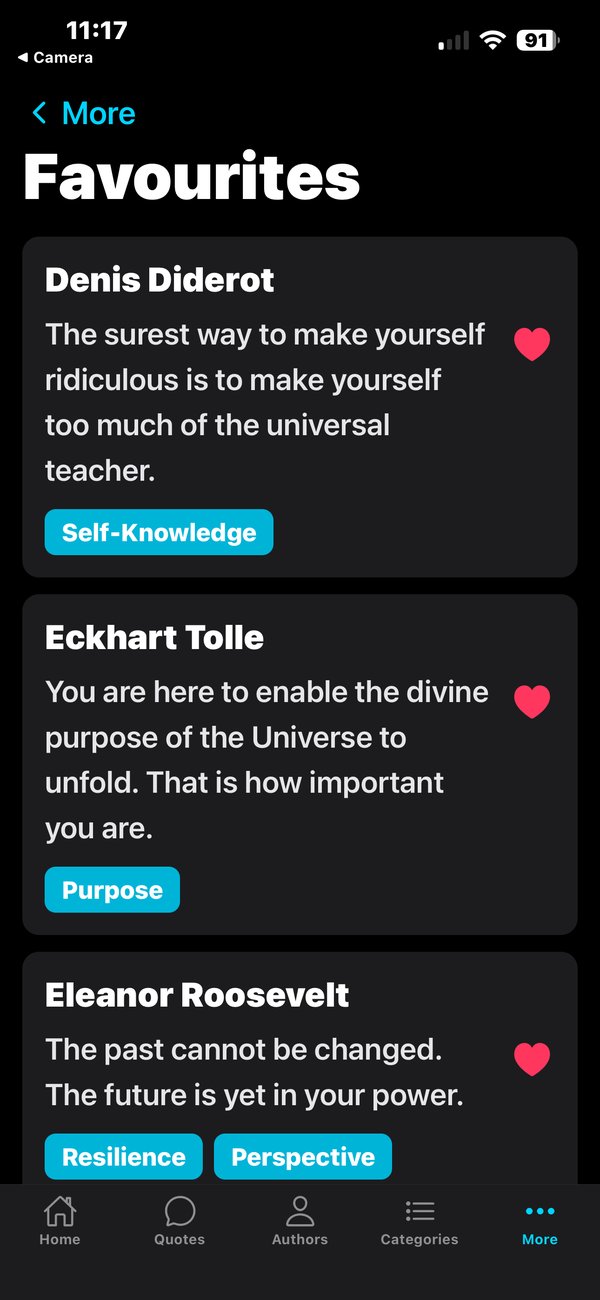 Favourites screen showing saved quotes