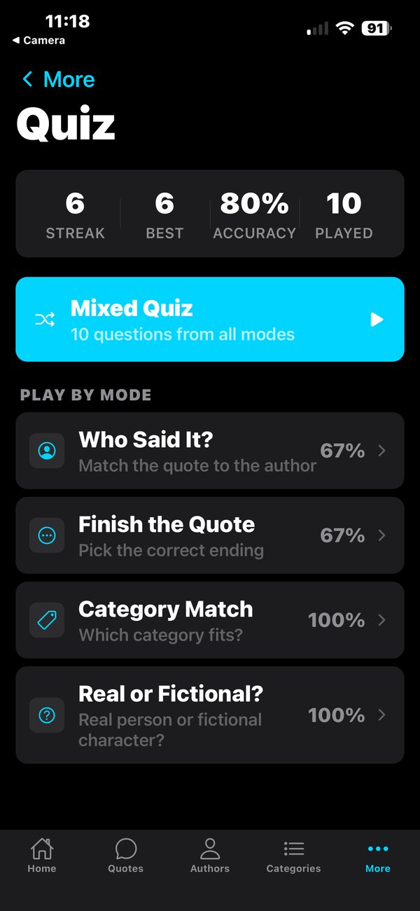 Quiz menu showing modes, stats, and streak tracking