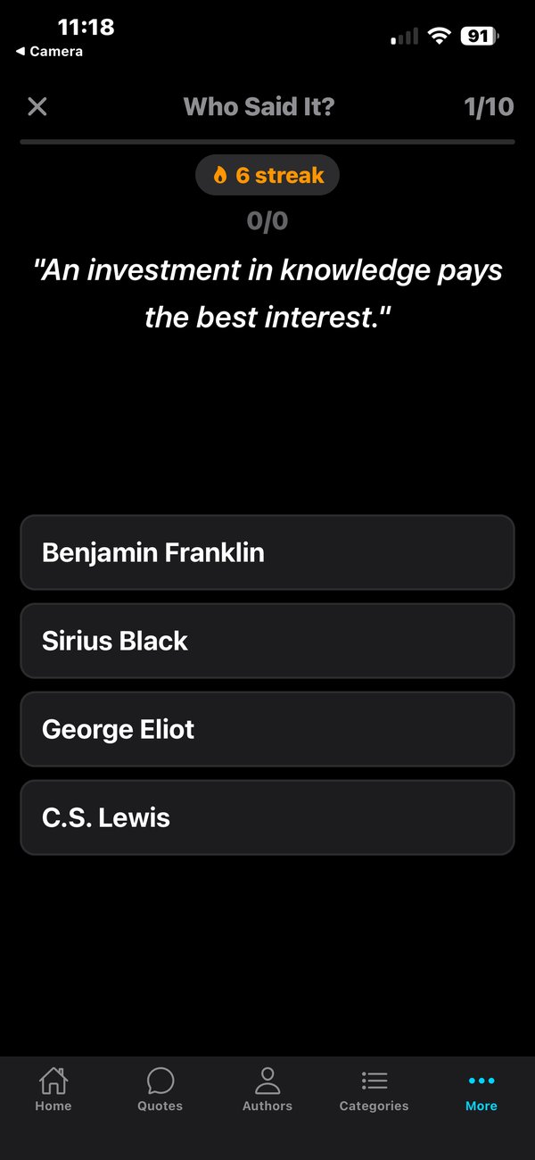 Quiz mode showing Who Said It question